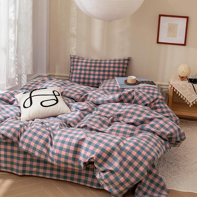 LifeTB Twin XL Comforter Set Purple Pink Plaid Bedding Comforter with 2 Pillowcases Geometric Checkered Pattern Comforter Set for All Season Fluffy Soft Lightweight Bedding Comforter Twin XL Size
