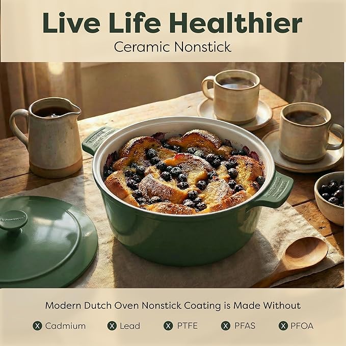 Gotham Steel 5 Qt Lightweight Dutch Oven Pot with Lid & Holders, Ceramic Non Toxic, Oven Safe & Even Heat Retaining Dutch Oven for Bread Baking Sourdough, Soup, Casserole, 70% Lighter than Cast Iron