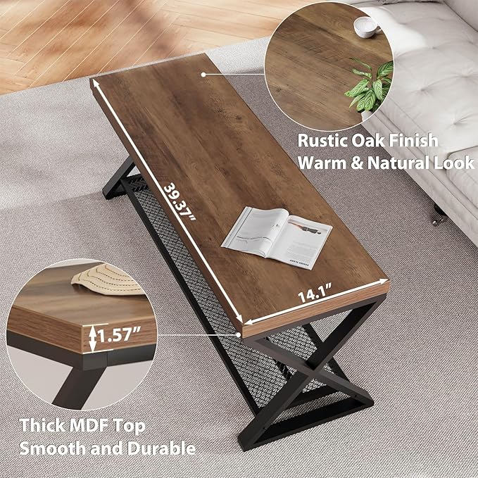 LVB Entryway Shoe Bench with Storage, 39??Entryway Bench for Foyer Hallway, Farmhouse Wood and Metal Indoor Bench for Entrance, Shoe Rack Storage Bench with Sitting for Living Room, Rustic Oak, 39 in