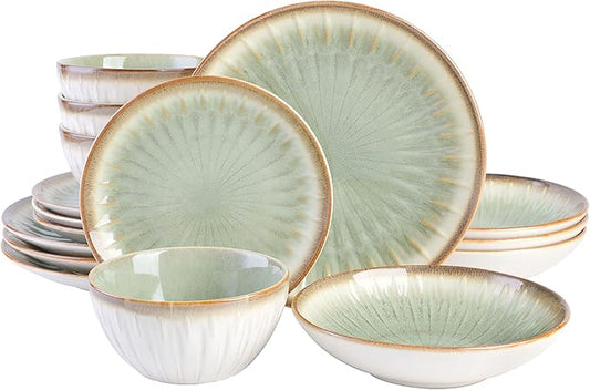 Gibson Elite Mayfair Bay 16-Piece Embossed Double Bowl Dinnerware Set, Service for 4 ??Green Stoneware Plates and Bowls