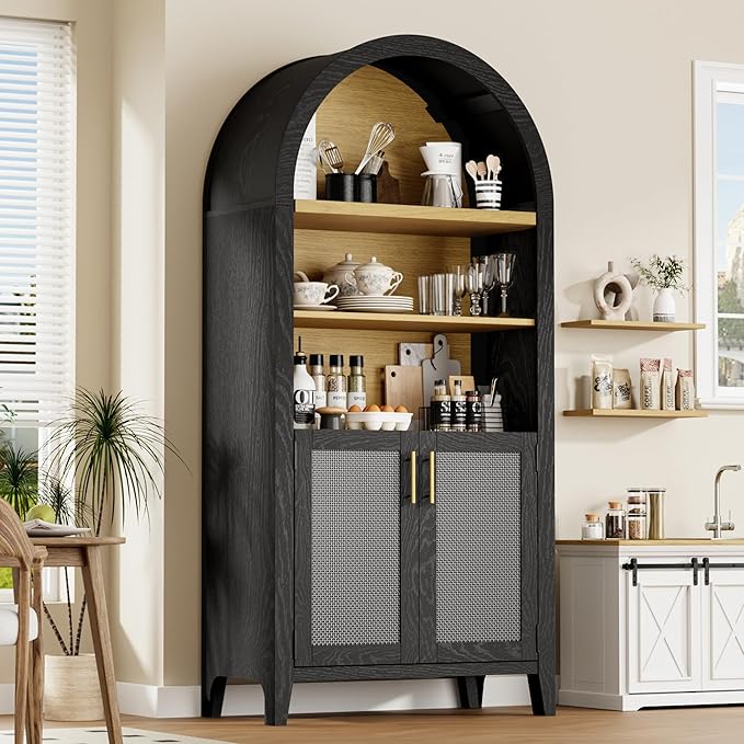 Arched Kitchen Pantry for, 63" Tall Wooden Entryway Storage Cabinet with 2 Doors & 5 Tier Adjustable Shelves, Versatile Farmhouse Hallway Organizer for Entryway, Bedroom, Dining Room