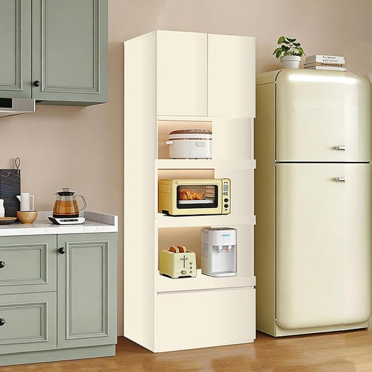 LINLIUA 71'' Tall Kitchen Pantry Cabinet, Wood Pantry Storage Cabinet with Doors, 3 Pull-Out Shelves and Drawer, Modern Slim Kitchen Hutch for Dining Room Small Space