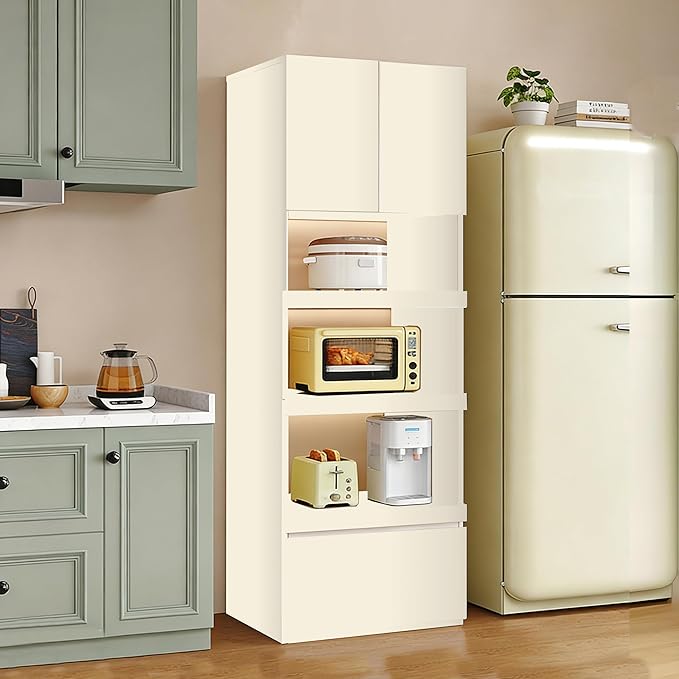 LINLIUA 71'' Tall Kitchen Pantry Cabinet, Wood Pantry Storage Cabinet with Doors, 3 Pull-Out Shelves and Drawer, Modern Slim Kitchen Hutch for Dining Room Small Space