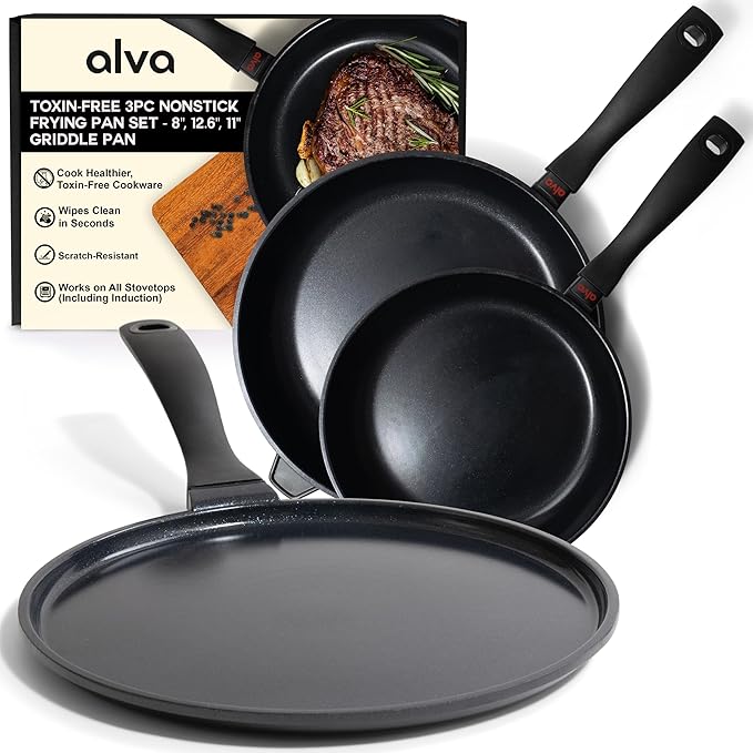 Alva Energy Ceramic Nonstick Frying Pan Set & Crepe Pan ??3-Piece, No PFAS/PFOA/PTFE, Ultra?멛ow Oil Release, Works on Gas/Electric/Induction, Lightweight & Easy Cleanup, Stay-Cool Handles