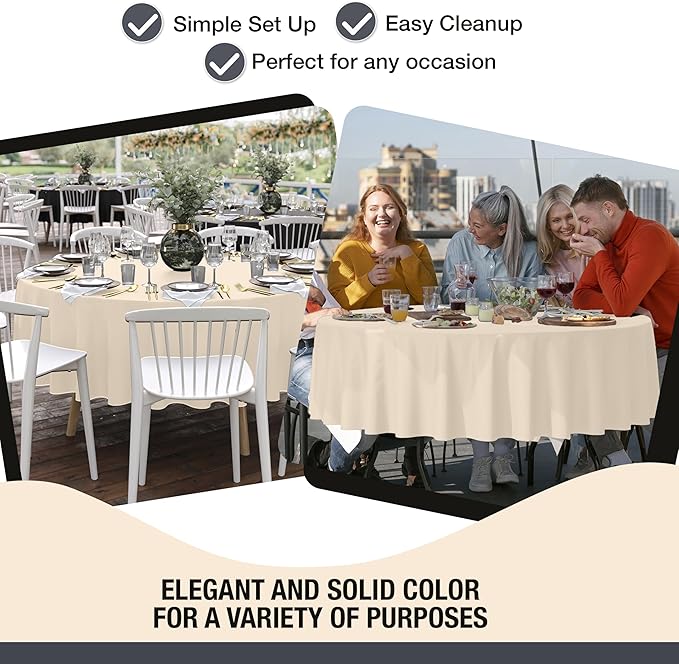 Party Solids 12-Pack Ivory Round Plastic Tablecloth Disposable ??Size: 90 Inches ??Round Plastic Table Cloths for Parties, Picnics & Formal Events