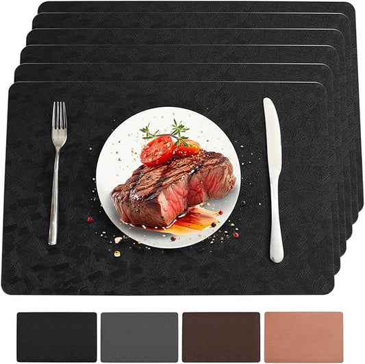 Bxzandya Vinyl Placemats Set of 6 Heat Resistant Easy Clean Non-Slip Place Mats for Dining Table Faux Leather Waterproof Stain Resistant Wipeable Washable PVC Table Mats(6, Black)