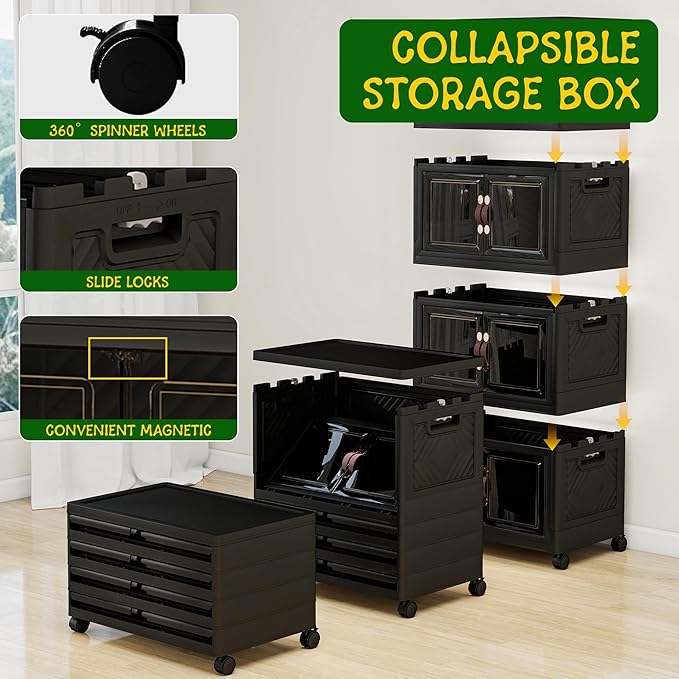 Storage Bins with 2 Lids and Wheels, 660QT-110QT*6Tier Collapsible Bathroom Storage Cabinet with Clear Doors, Plastic Stackable Closet Organizers and Containers Black