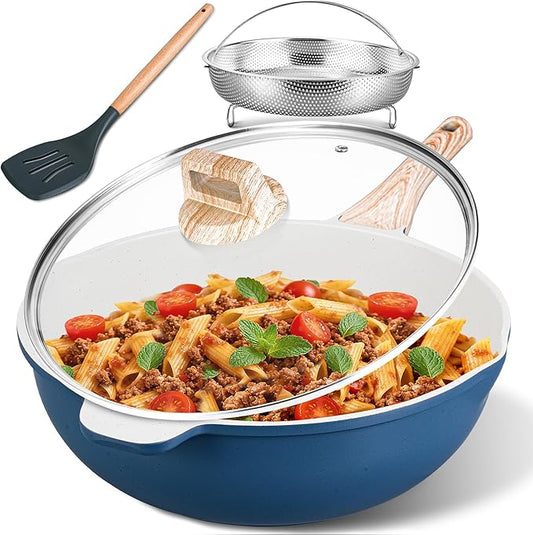 AOSION 11 Inch Nonstick Ceramic Deep Frying Pan Skille with Lid,5QT Saut챕 Pan for Cooking with Steam Rack,Healthy Large Skillet,Stay Cool Handle, Induction Compatible, PFOA & PFAS Free. (BLUE)