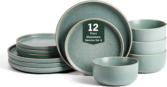 Earth & Clay Amber 12-Piece Dinnerware Set Stoneware, Dishwasher and Microwave Safe Plates and Bowls Set, Dish Set for 4, Green