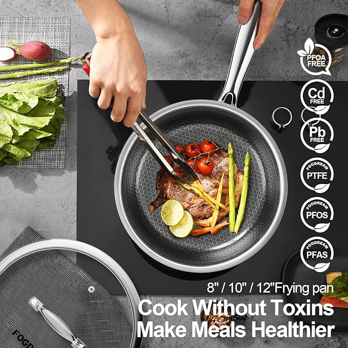 Fogdream 12??Non Stick Frying Pans, Stainless Steel Skillet with Lid, Tri-Ply Stainless Steel for All Cooktops, Dishwasher and Oven-Safe Cooking Pan, Stay-Cool Handle, Silver
