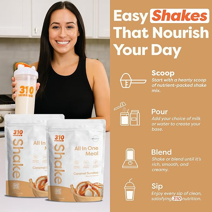 310 Nutrition All-In-One Meal Replacement Shake Powder - Plant-Based Protein Smoothie Blend w/High Fiber, Probiotics & Adaptogens - Low Carb, Vegan, Keto & Paleo Friendly - Caramel Sundae - 28 Srv