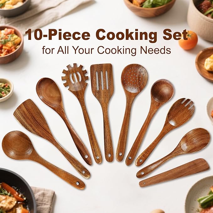 Pleafind Natural Solid Wooden Utensil Set - 10 Pcs, Non-stick Wooden Spoons for Cooking, Soft Comfort-Grip Wooden Cooking Utensils Set, Wood Kitchen Utensil Set for Non-Stick Cookware