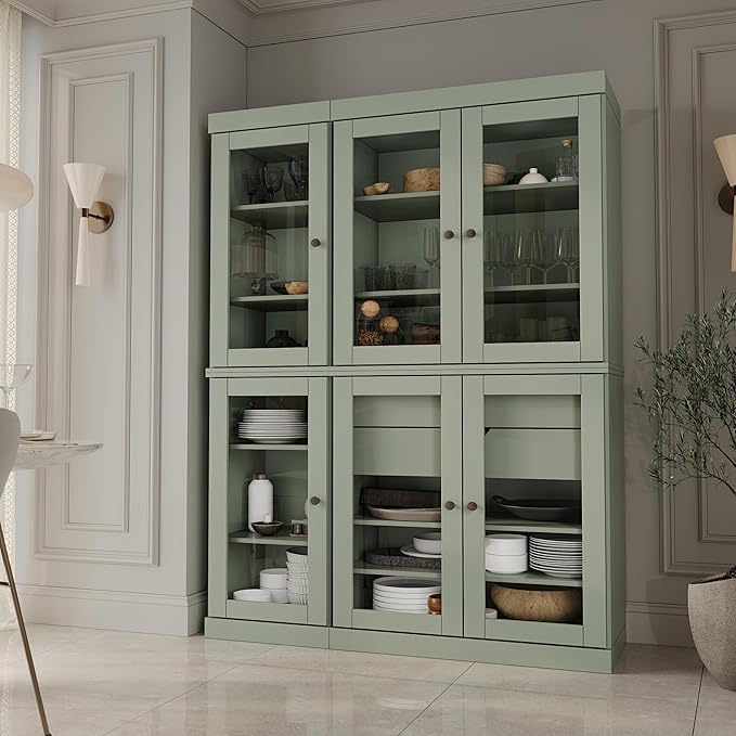 Palace Imports 100% Solid Wood 48.5" Pantry China Cabinet with Clear Glass Doors, 2-Drawers and Adjustable Shelves (Sage)