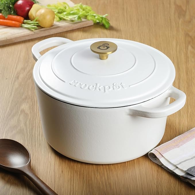 Crock-Pot Artisan 7-Quart Round Dutch Oven ??Matte Linen White with Gold Knob, Enameled Cast Iron Cookware