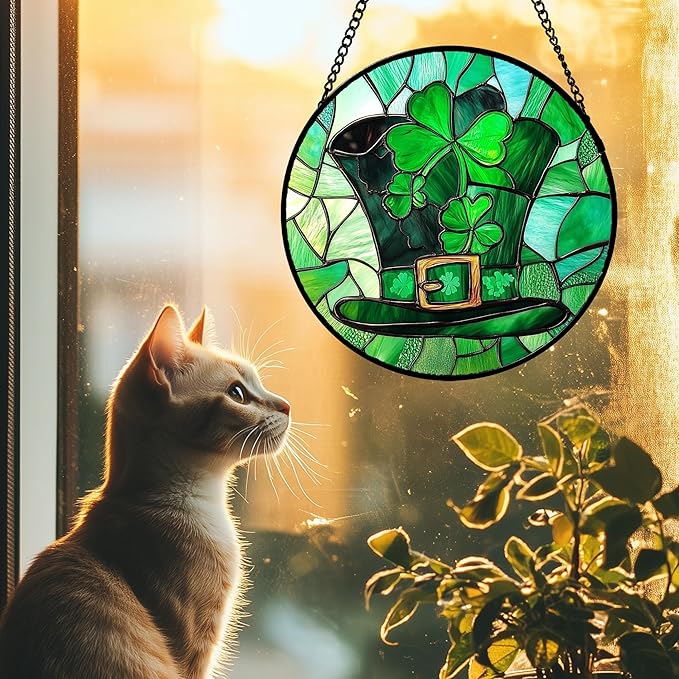 Stained Glass Window Hanging Green Lucky Clover Hat 7.8" - Suncatcher Door Garden Sun Catcher Ireland Decor Birthday Mother's St. Ripack's Day Gift for Woman Mom Men Friend Nana Wife