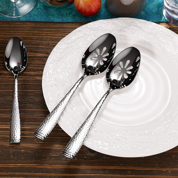 KEAWELL Premium Louis Hammered Serving Utensils, 18/10 Stainless Steel, Squared Edge Design, Mirror Finish, Dishwasher Safe (Slotted Spoons, Set of 2)