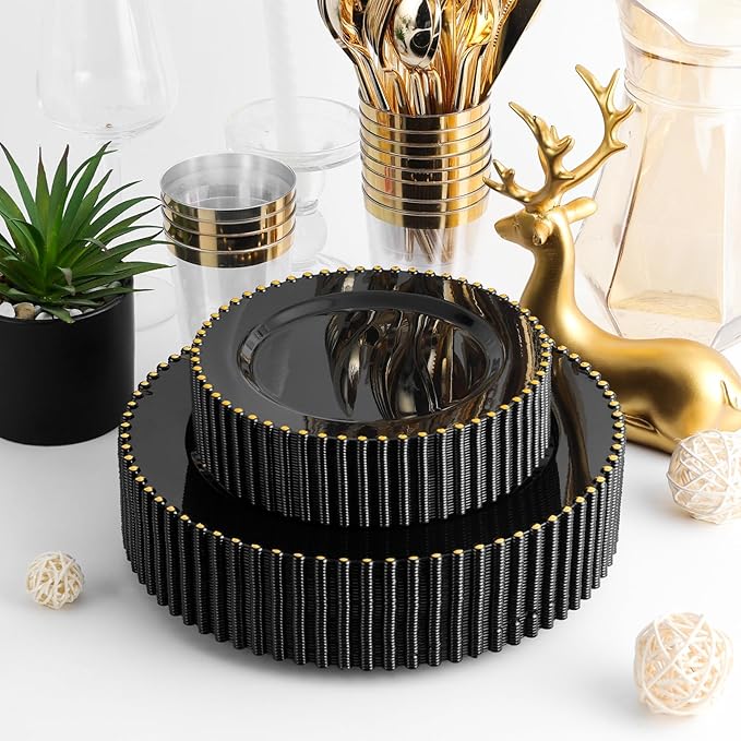 EI 60pcs Black Plastic Plates,Black and Gold Plastic Plates Disposable,Fancy Heavy Duty Plate for Party,Birthday,Anniversary,Wedding,Afternoon Tea,Business Events,Hotel Banquets
