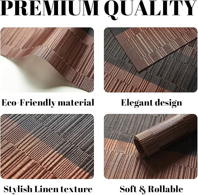 SUMYMERY Placemats Set of 12 Vinyl/Plastic Woven Place Mats for Kitchen Table Indoor/Outdoor Washable Placemat Wipeable Dining Table Mats (Ombre Brown Black,12)