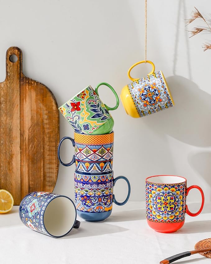 HENXFEN LEAD Boho Ceramic Coffee Mugs Set of 6 ??14 oz Porcelain Cups for Latte, Cappuccino, Tea & Cocoa ??Microwave & Dishwasher Safe