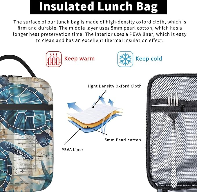 VANZEV Sea Turtle Lunch Box for Adults Women Girls Boys Kids Vintage Nautical Coastal Lunch Box Insulated Cooler Reusable Lunch Bag Container Gifts for Work Office Picnic Travel School