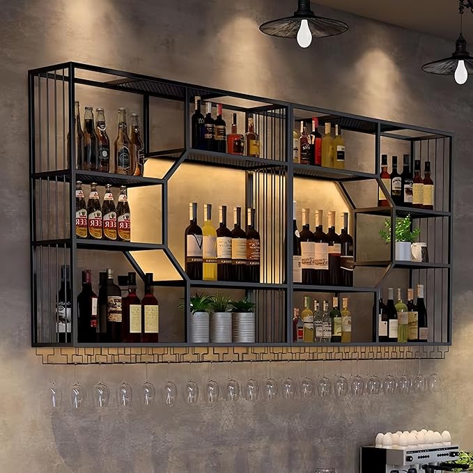 39 Inch Metal Wall-Mounted Wine Rack & Liquor Shelf, 5-Tier Large Bar Shelves for Liquor Bottles with Glass Holder, Alcohol Shelf for Home Bar & Dining Room, Black(Right, No Lights)