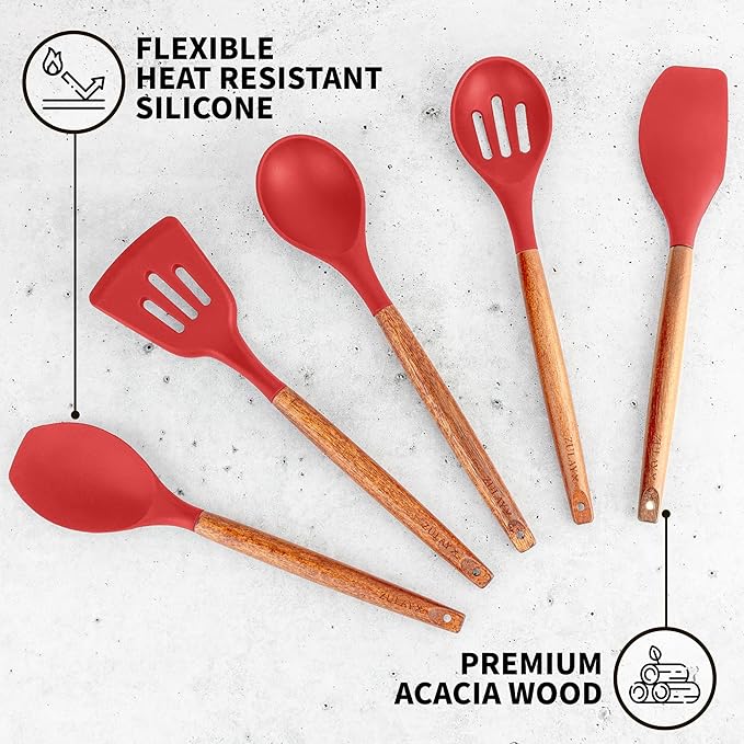 Zulay Kitchen Utensils Set Non-Stick Silicone Cooking Utensils Set with Authentic Acacia Wood Handles - 5 Piece Silicone Utensil Set - Kitchen Utensils Set with 464째F Heat Resistance - Red