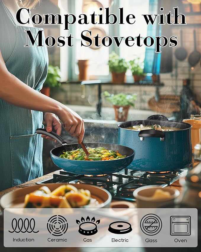 Cook N Home Pots and Pans Nonstick Cookware Set 10-Piece, Belly Shape Kitchen Cooking Set with Frying Pans and Saucepans, Induction Compatible, Turquoise