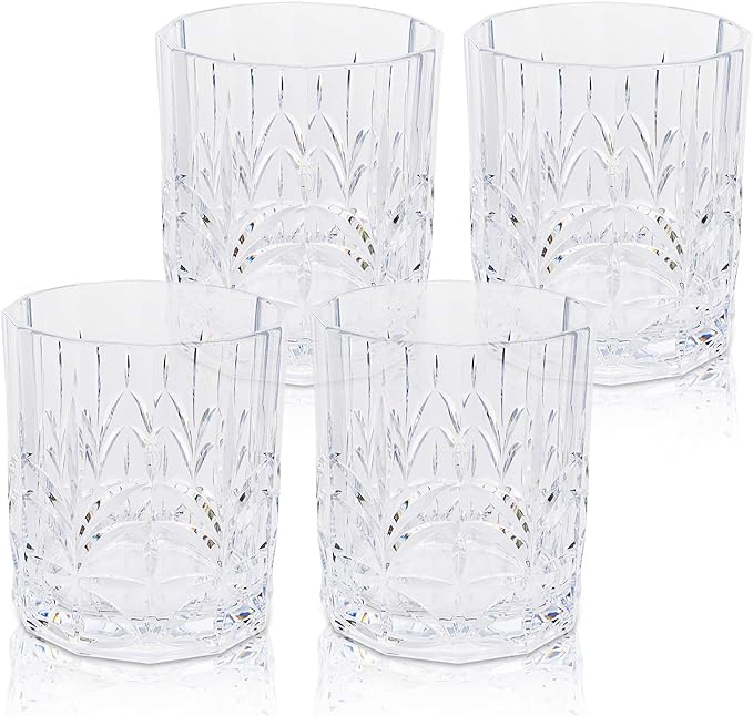 BELLAFORTE Tritan Plastic Whiskey Glasses Set of 4, 13oz Unbreakable Wine Glasses, Shatterproof Crystal Cut Drinking Glasses for Old Fashioned, Cocktails - BPA Free - Dishwasher Safe - Clear