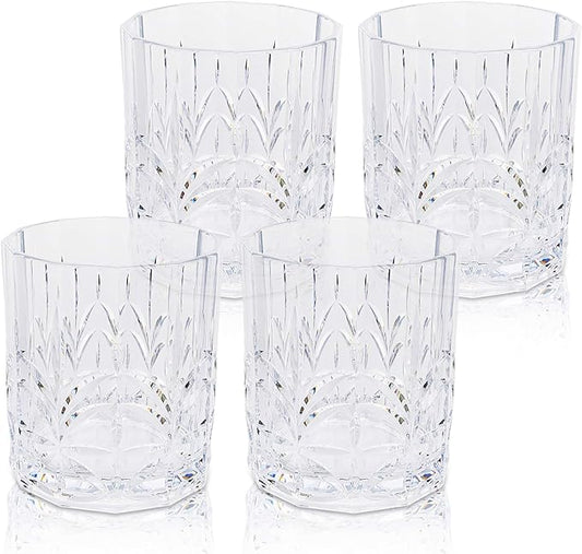 BELLAFORTE Tritan Plastic Whiskey Glasses Set of 4, 13oz Unbreakable Wine Glasses, Shatterproof Crystal Cut Drinking Glasses for Old Fashioned, Cocktails - BPA Free - Dishwasher Safe - Clear