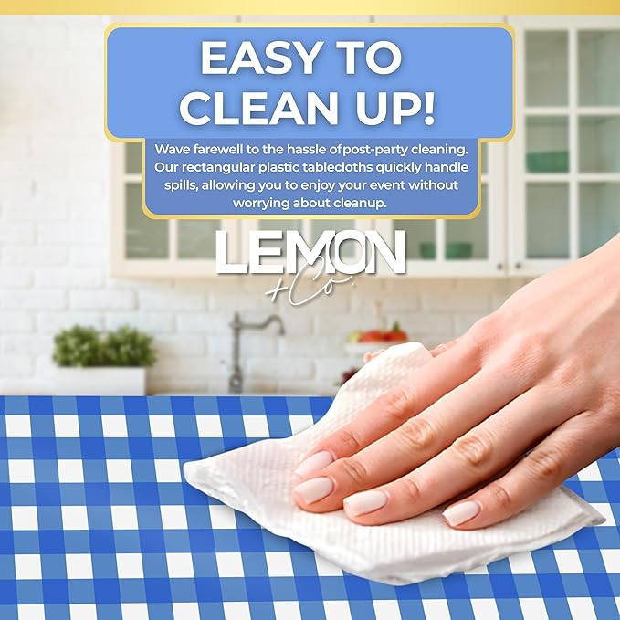 LEMON + Co. Blue Gingham Rectangle Table Cover Disposable Plastic Tablecloth 54 Inch. x 108 Inch. Premium Decorative Rectangle Table Cover 20 Pack