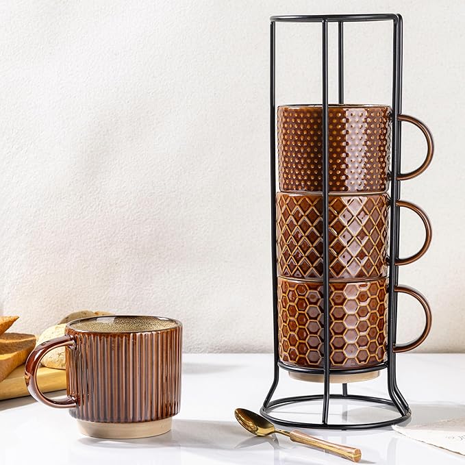 GBhome 12OZ Stackable Coffee Mugs with Stand, Ceramic Coffee Mugs with Texture Patterns for Man,Woman,Dad,Mom, Modern Coffee Cups Set of 4 for Latte/Cappuccino. Dishwasher&Microwave Safe, Caramel