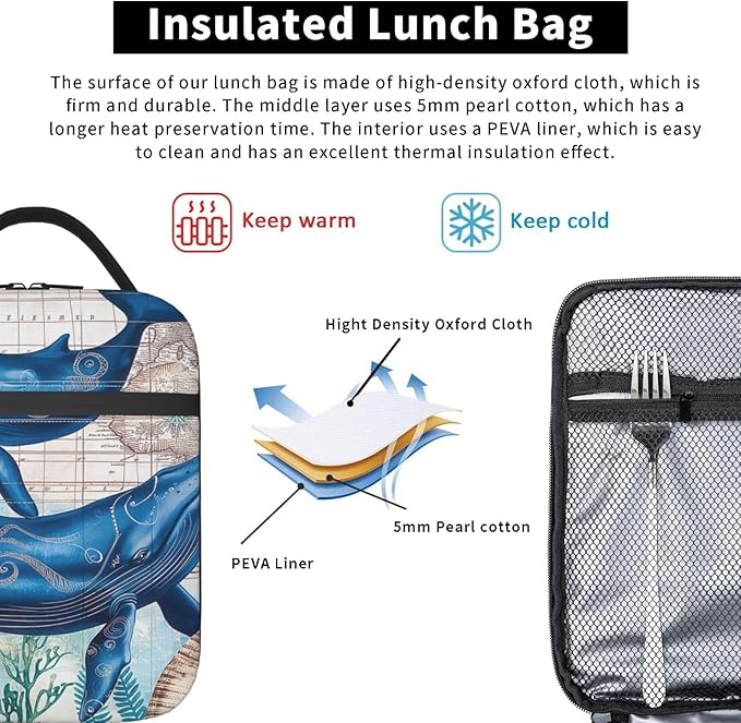 VANZEV Vintage Ocean Whale Lunch Box for Adults Women Girls Boys Kids Nautical Ocean Animal Lunch Box Insulated Cooler Reusable Lunch Bag Container Gifts for Work Office Picnic Travel School