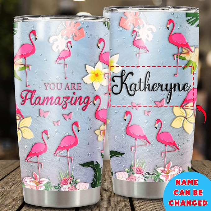 WAZONE Personalized Flamingo Tumbler 20oz 30oz Customized Name Stainless Steel Double Wall Vacuum Insulated Water Cup Travel Mug Gifts Birthday Christmas Mothers Day For Women Girls
