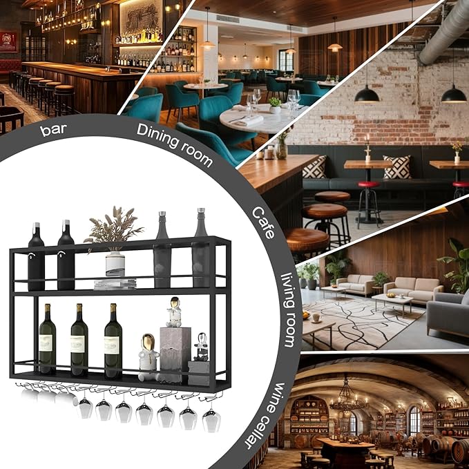 Industrial Wall Mounted Wine Rack, 2-Tier Wood Wine Bottle Shelf with Stemware Rack, Black Wine Glass Rack Multi Functional Wine Storage Display Rack for Home Bar Dining Room Kitchen (47.2횞7.8횞26in)