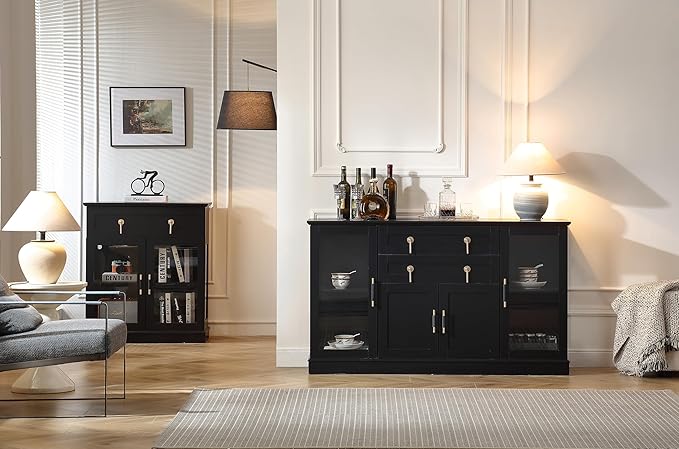 58.2'' Modern Sideboard Buffet Cabinet with Storage, Accent Coffee Bar Cabinet with 2 Glass Doors,Sideboard Credenza with Two Drawers and Adjustable Shelves,Black