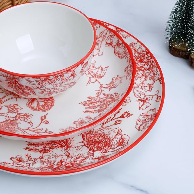 12-Piece Dinnerware Set with Red and White Plates, Service for 4, Microwave and Dishwasher Safe