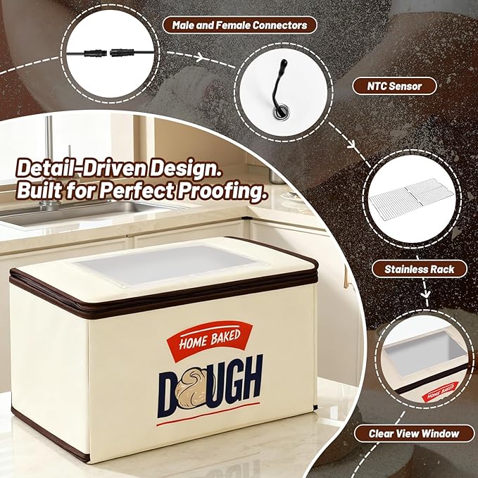 Upgraded Folding Bread Proofing Box with 3-Sided Heating, Built-in NTC Sensor & Precise 68-104째F Temp Control, 48H Timer, Metal Rack ?밊amily-Size Dough Proofer for 2 Loaves, Sourdough & Pizza