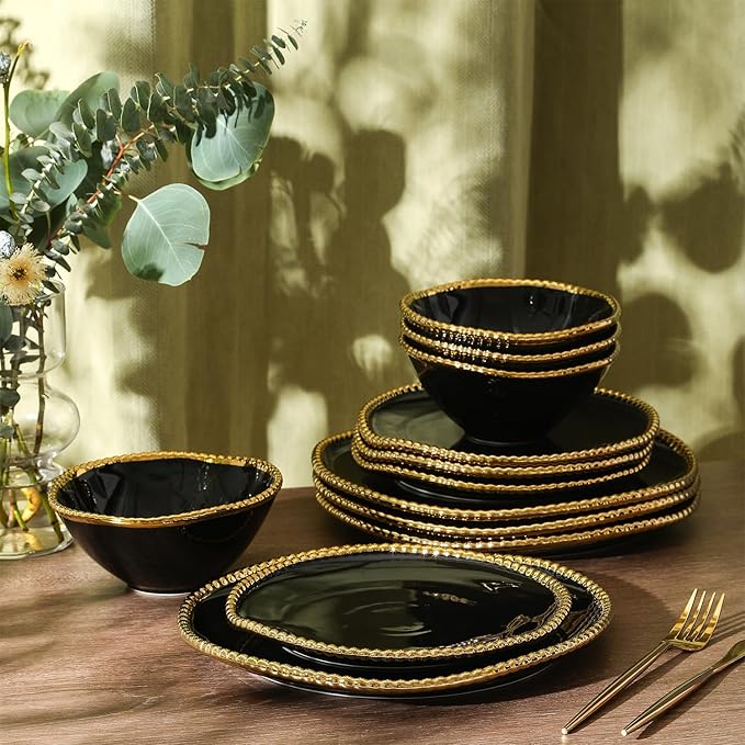 Christian Siriano Akoya Porcelain Dinnerware Set, 24-Piece - Dish Set for 8, Plates and Bowls Set, Black and Gold