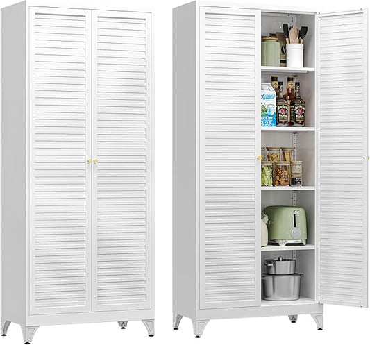 75" Tall Metal Pantry Cabinet, White Storage Cabinet with Doors and Shelves, Metal Cabinet for Kitchen, Dining Room, Living Room and Bathroom