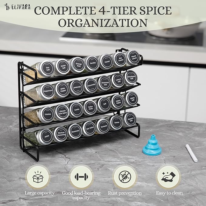 4-Tier Spice Rack Organizer Set ??Wall Mounted or Countertop ??Includes 28 Glass Spice Jars, 386 Spice Labels, Funnel, and Chalk Marker ??Kitchen Spice Storage Solution