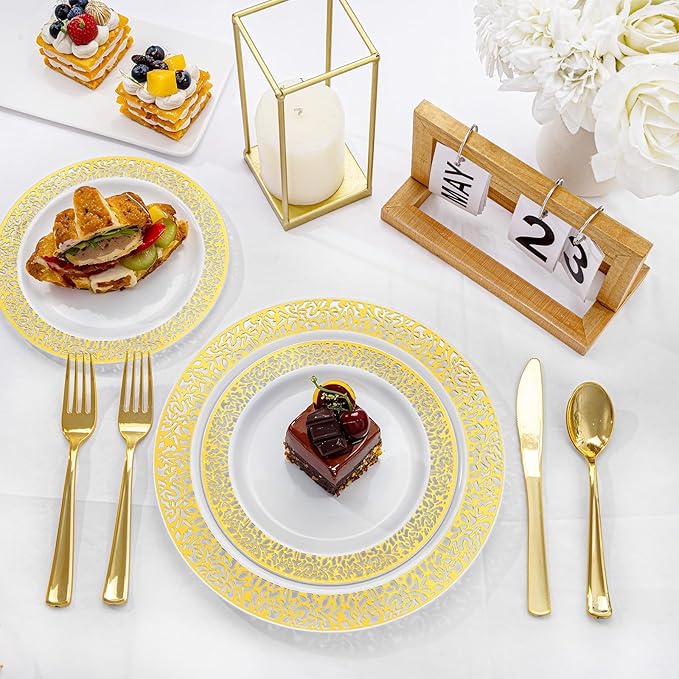 I00000 200 Pcs White and Gold Plastic Plates, Disposable Plastic Plates for 100 Guests Include: 100 Pcs Dinner Plate 10.25??and 100 Pcs Dessert Plate 7.5??Perfect for Party and Wedding