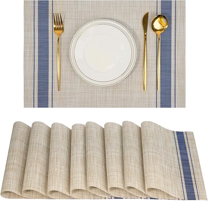 flohar Placemats Set of 8竊똍on-Slip PVC Weave Table Mats Easy to Clean竊똇eat Resistant Place Mats for Kitchen Dining Table Decoration Indoor Outdoor竊똊haki Blue