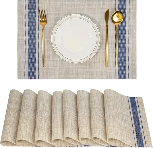 flohar Placemats Set of 8竊똍on-Slip PVC Weave Table Mats Easy to Clean竊똇eat Resistant Place Mats for Kitchen Dining Table Decoration Indoor Outdoor竊똊haki Blue