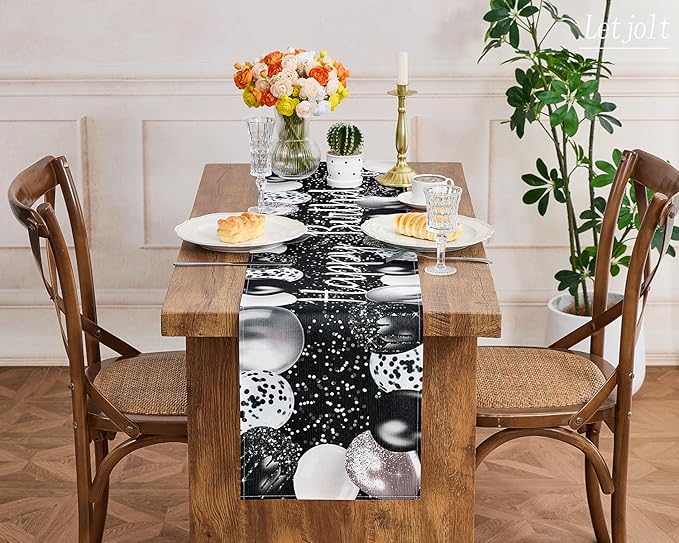 Letjolt Silvery Black Balloon Happy Birthday Table Runner 72 Inches Celebrate Birthday Party Table Decor