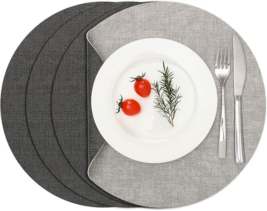 Myir JUN Reversible Vinyl Round Placemats Set of 4, Faux Leather Place Mats Dual Sided Waterproof Oilproof Wipeable, Heat-Resistant Table Mats for Kitchen Dining Indoor Outdoor (14", Light Gray Gray)