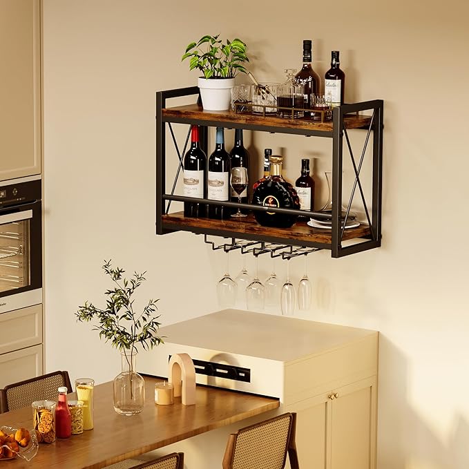 Homeiju Wall Mounted Wine Rack, Bottle & Glass Holder Wood-Metal Retro Wine Rack, Wine Bottles Display Wall Storage for Kitchen Dining Room Home Bar