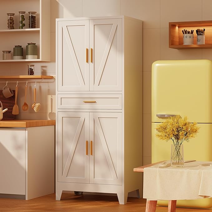 71?쏦 Metal Kitchen Pantry Cabinet with Drawers,White Kitchen Pantry Cabinets,Tall Food Storage Cabinets,Free Standing Pantry Cabinet with 4 Doors,Farmhouse Pantry Cabinets