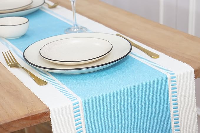 PurpleEssences Table Runner - Wide with Dobby Stripe, Heavy Ribbed Weave & Double Knot Fringes, 14x72 Inch (14x77.5 with Fringes) Farmhouse Decor - Christmas Holiday Winter - Aqua Blue and H.White