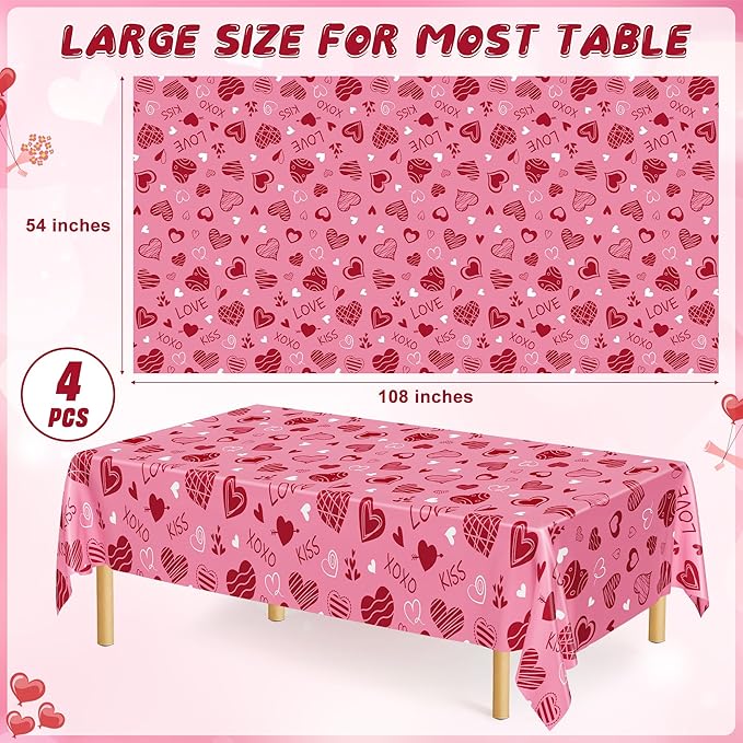 4 Pack Valentines Plastic Tablecloths, Disposable Valentines Party Favors, Romantic 54" X 108" Red Pink Table Cloth, Galentines Decorations Heart-shaped Love Tablecover for Wedding Happiness Decor