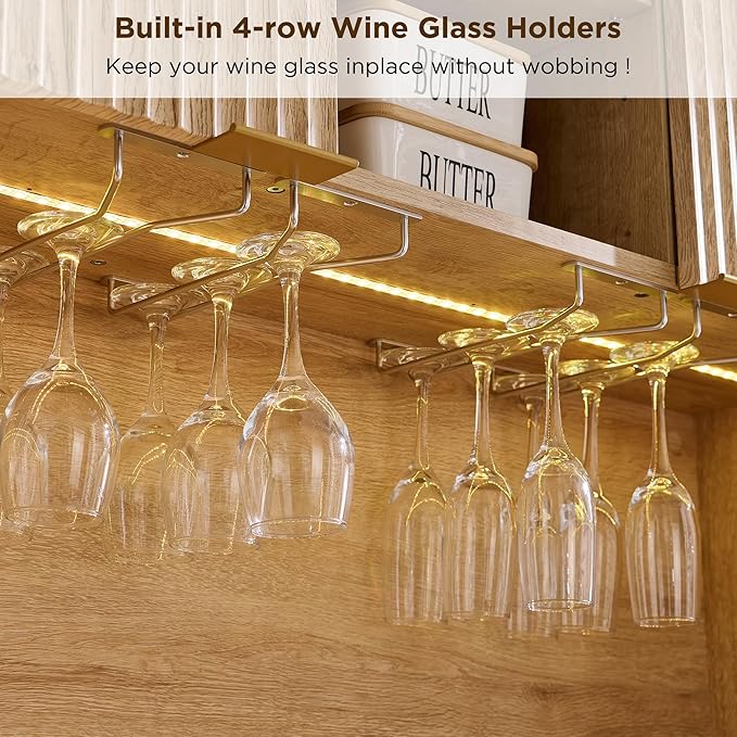 OKD 72" Tall Wine Bar Cabinet with Storage Hutch, Modern Wood Fluted Coffee Bar Cabinet with LED Lights and 10 Tier Storage Shelf & 9 Grid Wine Glass Rack for Home Dining Room Kitchen (Natural Oak)